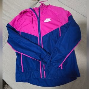 Nike Women's Windbreaker Size Small Pink and Blue Hooded Jacket